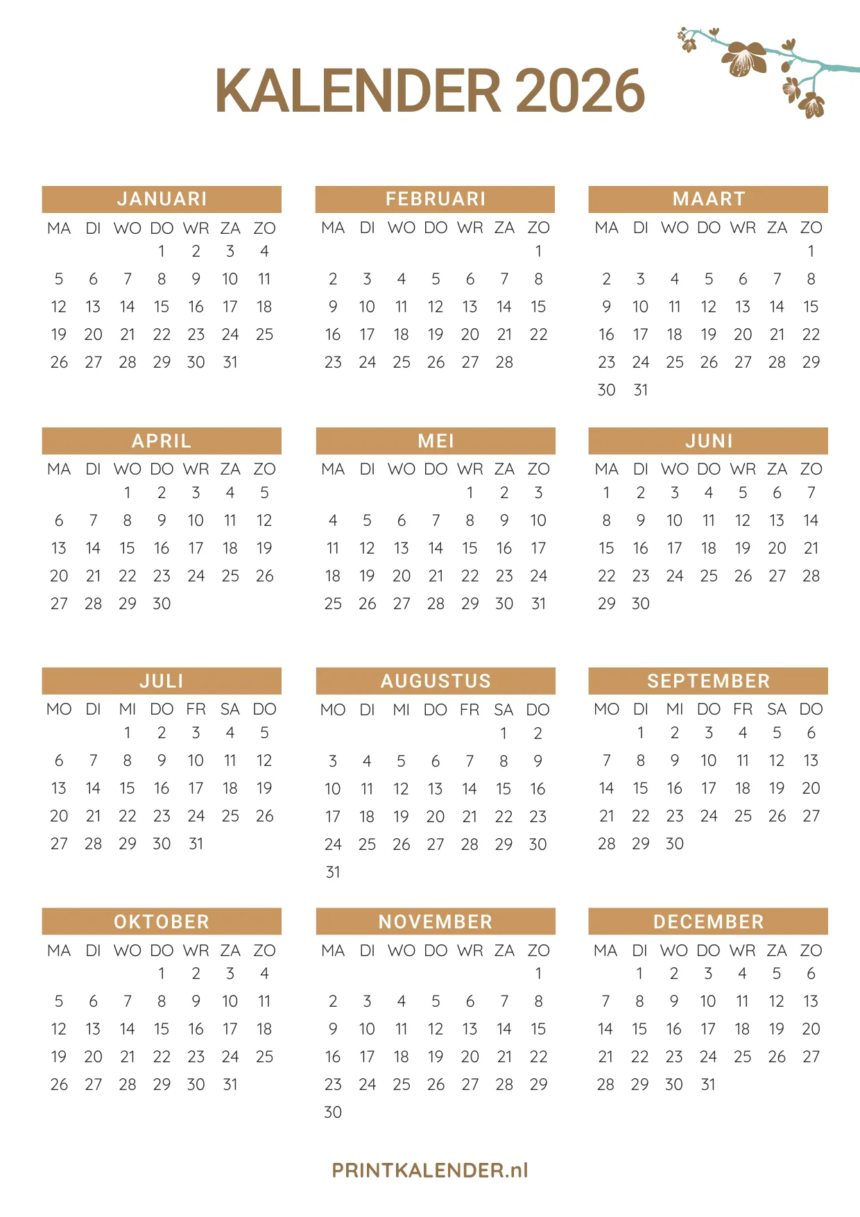 gratis jaarkalender 2026 - decoratief ontwerp met bloemmotief