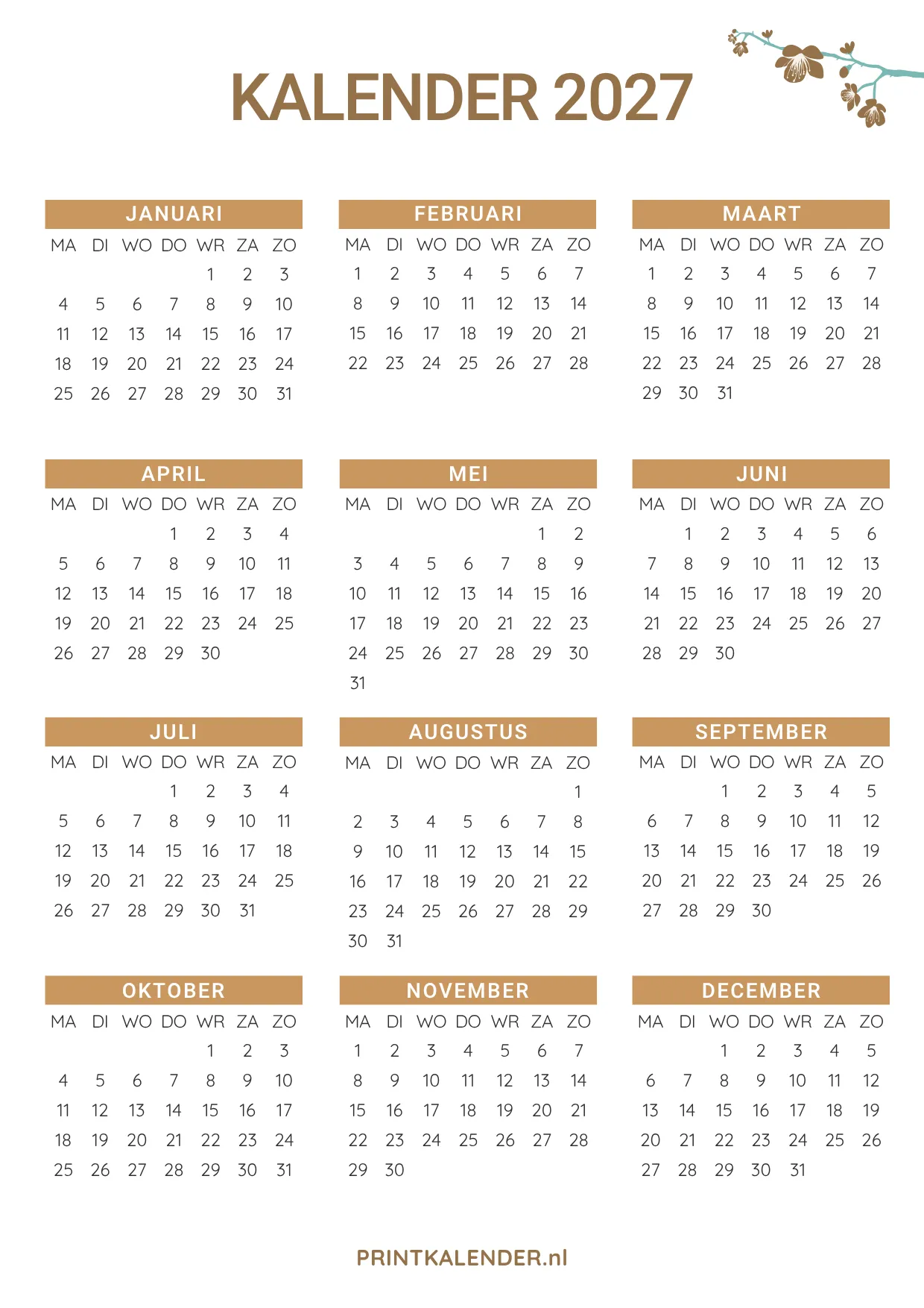 gratis jaarkalender 2027 - decoratief ontwerp met bloemmotief