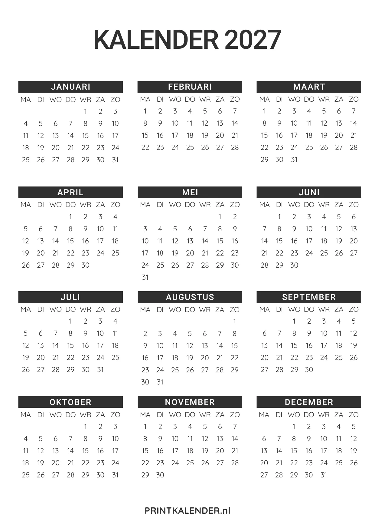 jaarkalender 2027 om te printen - overzichtelijk ontwerp voor het hele jaar