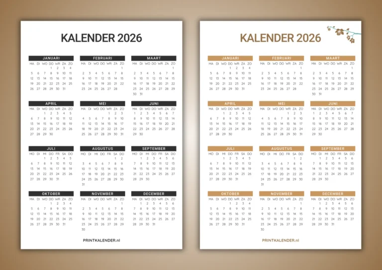 kalender 2026 voor het hele jaar - zelf afdrukken