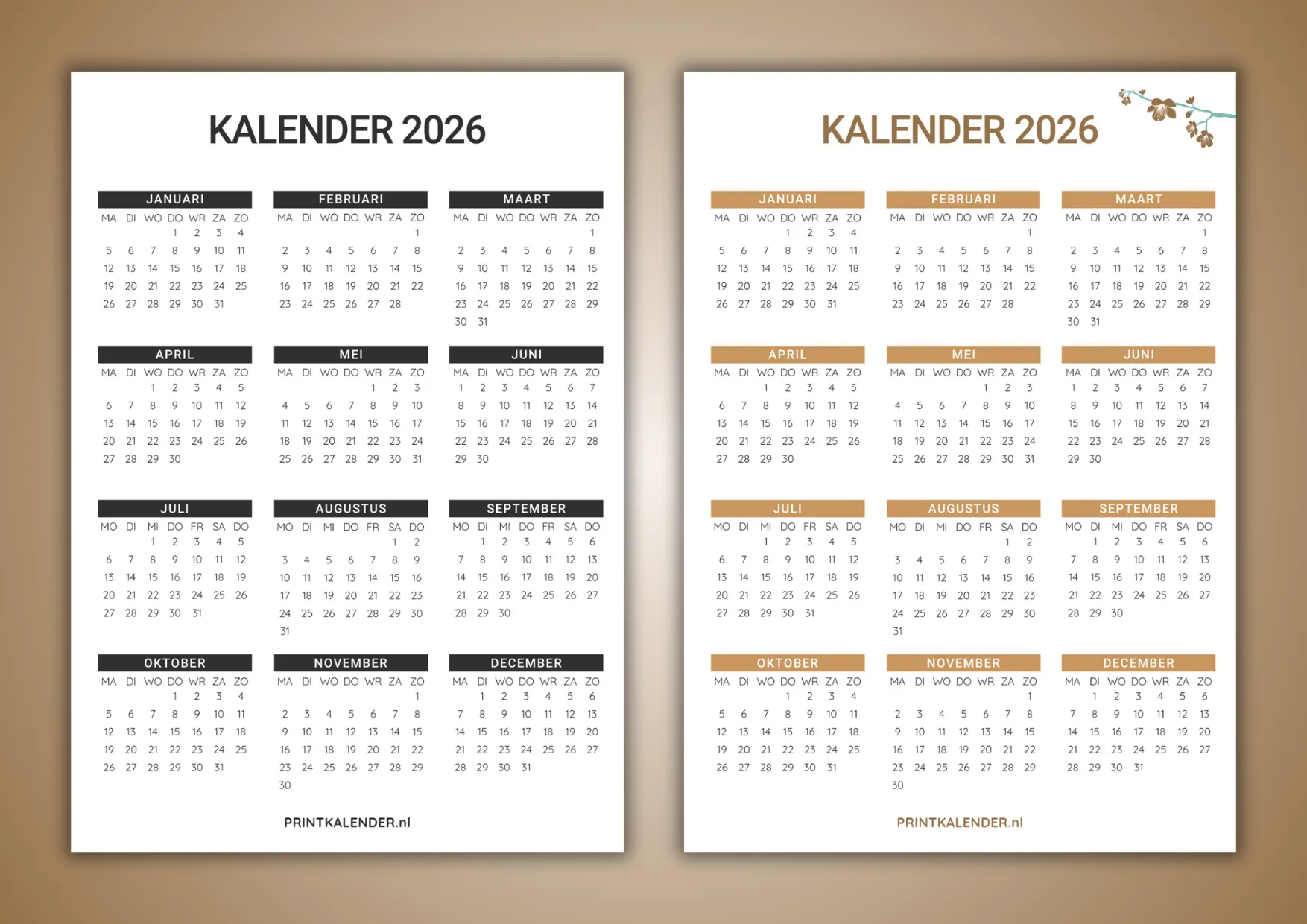 kalender 2026 voor het hele jaar - zelf afdrukken