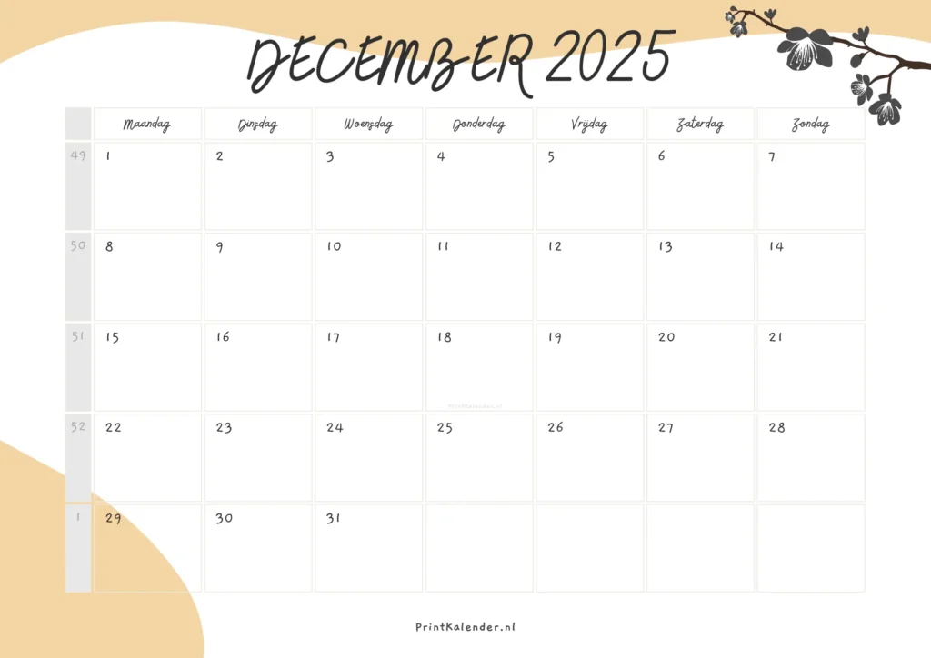 kalender December 2025 met weeknummers
