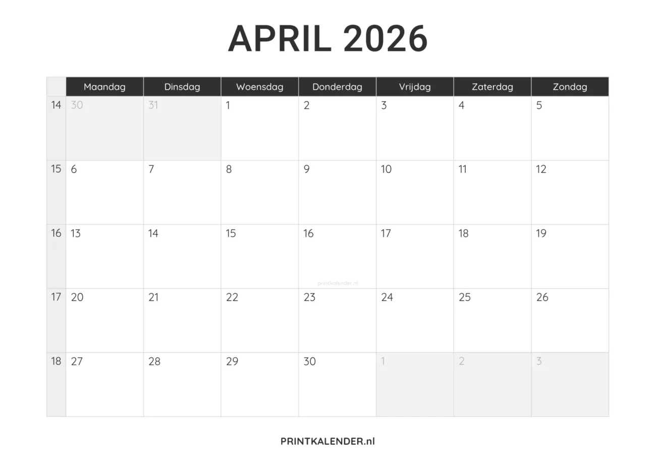 kalender april 2026 printen - minimalistisch design in zwart-wit