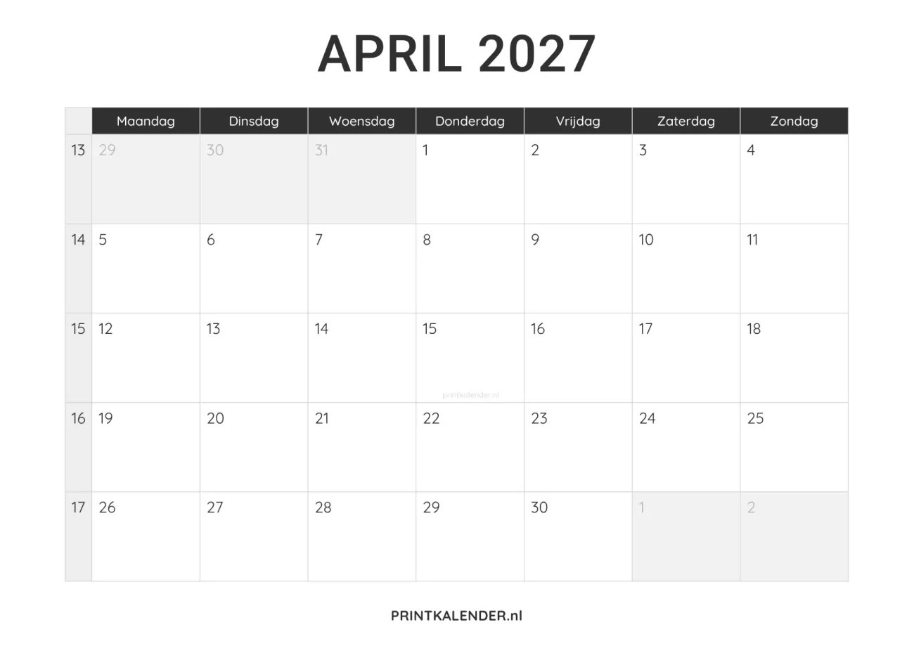 kalender april 2027 printen - minimalistisch design in zwart-wit