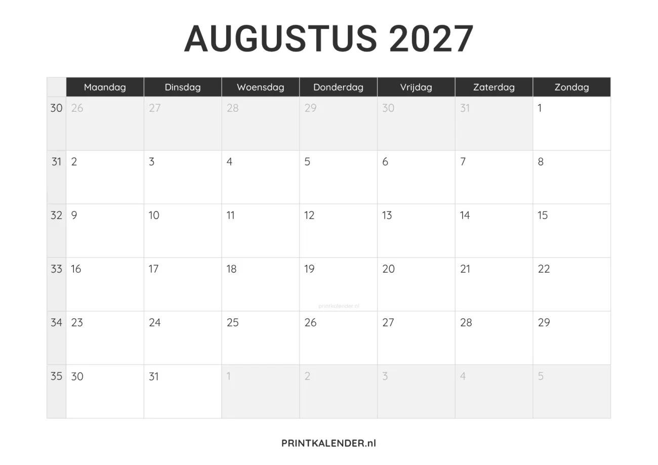 kalender augustus 2027 printen - minimalistisch design in zwart-wit