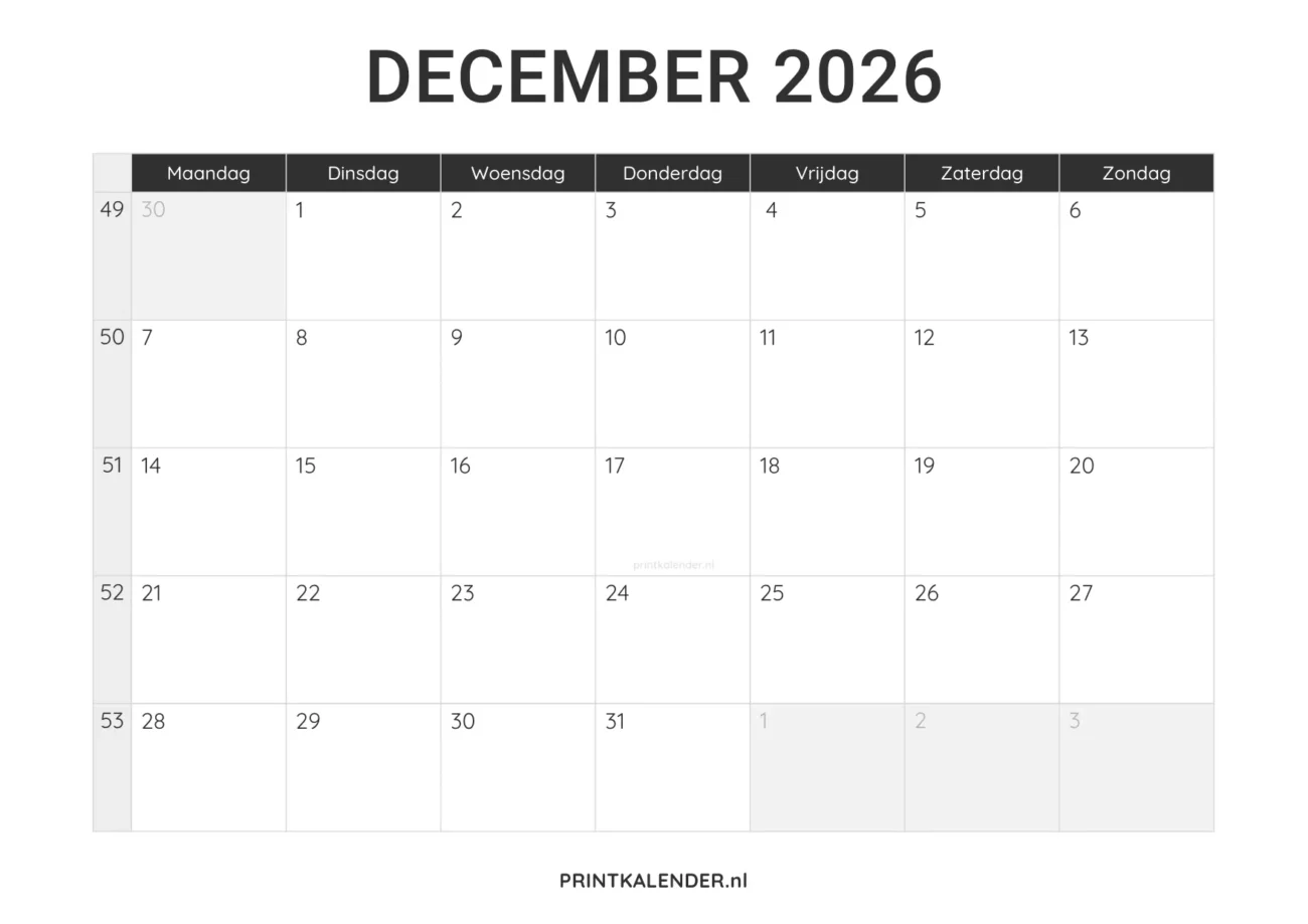 kalender december 2026 printen - minimalistisch design in zwart-wit