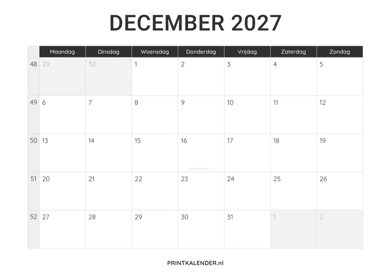 kalender december 2027 printen - minimalistisch design in zwart-wit