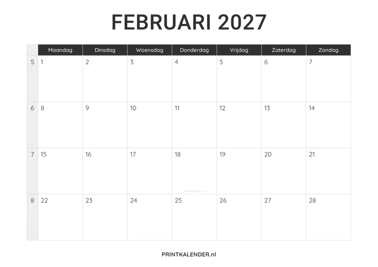 kalender februari 2027 printen - minimalistisch design in zwart-wit