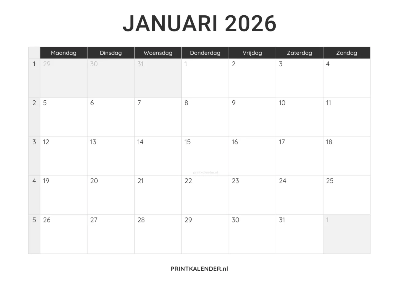 kalender januari 2026 printen - minimalistisch design in zwart-wit
