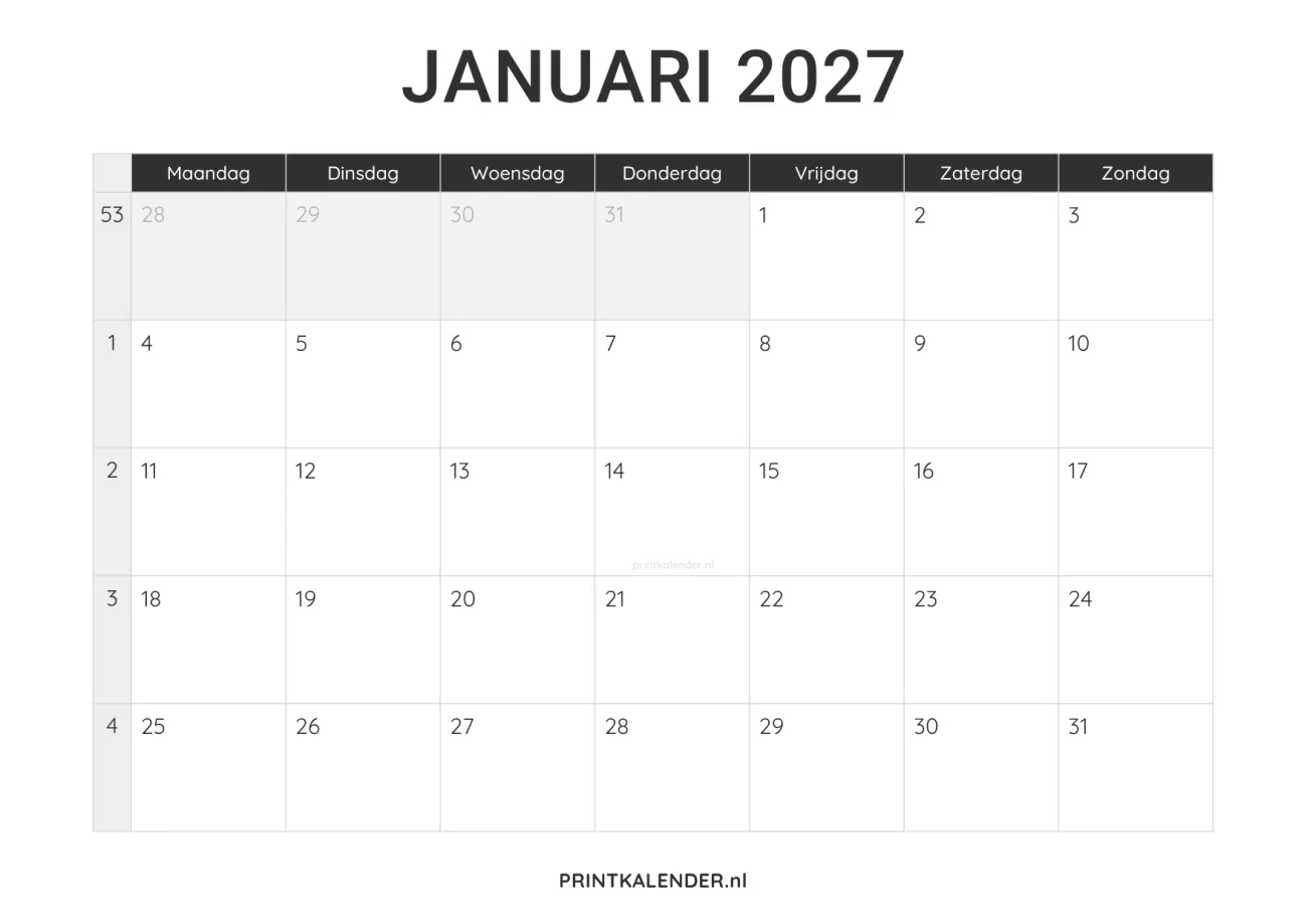 kalender januari 2027 printen - minimalistisch design in zwart-wit