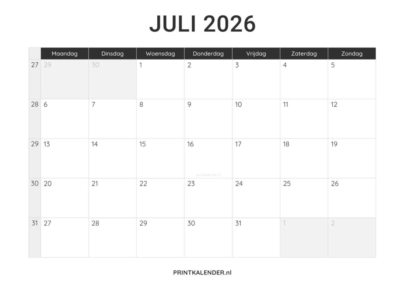 kalender juli 2026 printen - minimalistisch design in zwart-wit