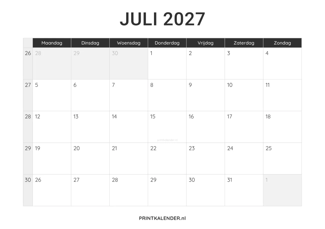 kalender juli 2027 printen - minimalistisch design in zwart-wit