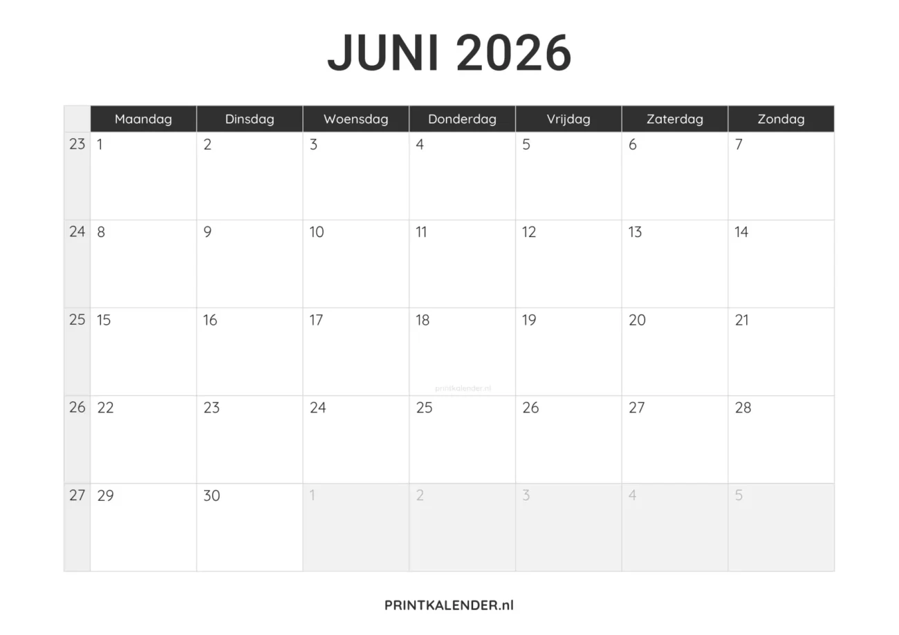 kalender juni 2026 printen - minimalistisch design in zwart-wit