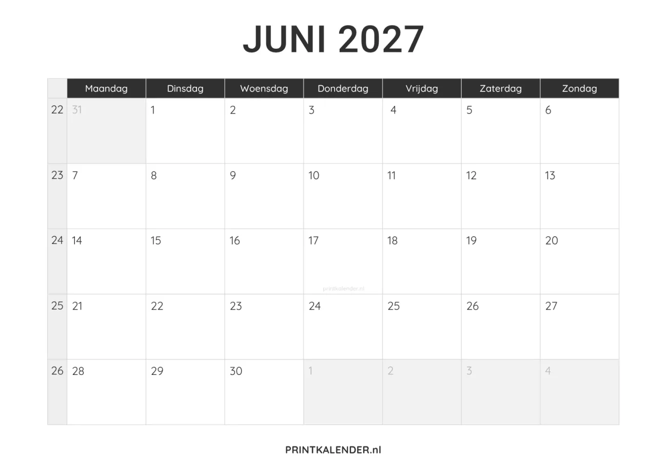 kalender juni 2027 printen - minimalistisch design in zwart-wit