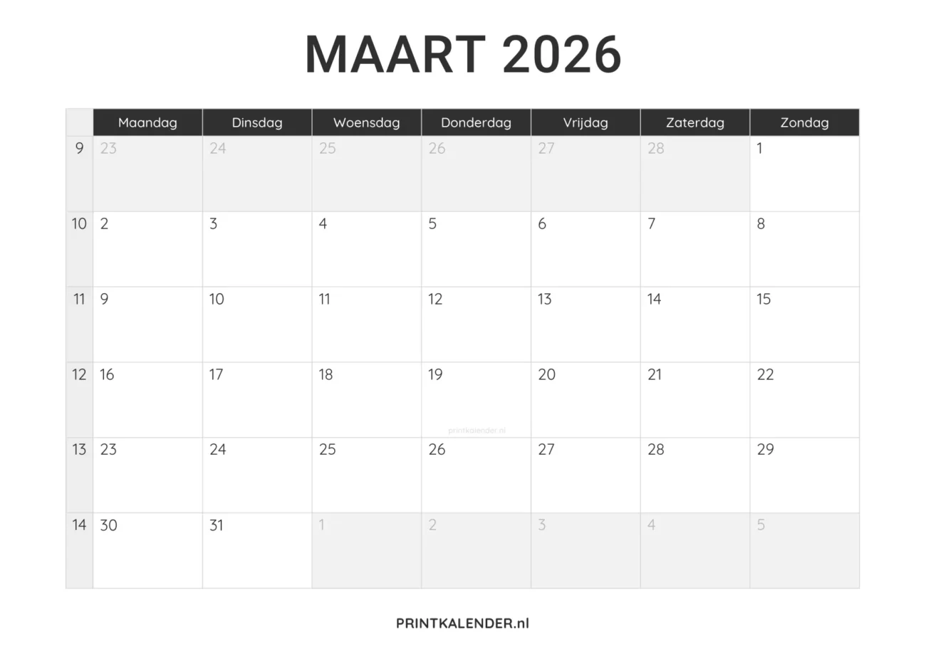 kalender maart 2026 printen - minimalistisch design in zwart-wit