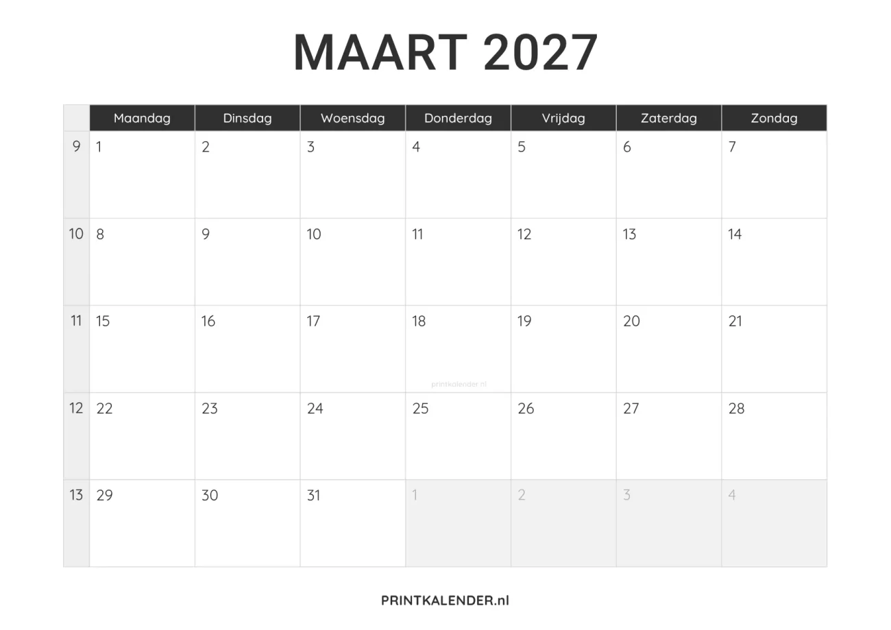 kalender maart 2027 printen - minimalistisch design in zwart-wit