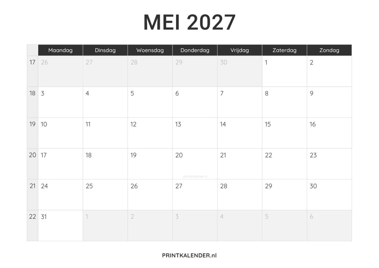 kalender mei 2027 printen - minimalistisch design in zwart-wit