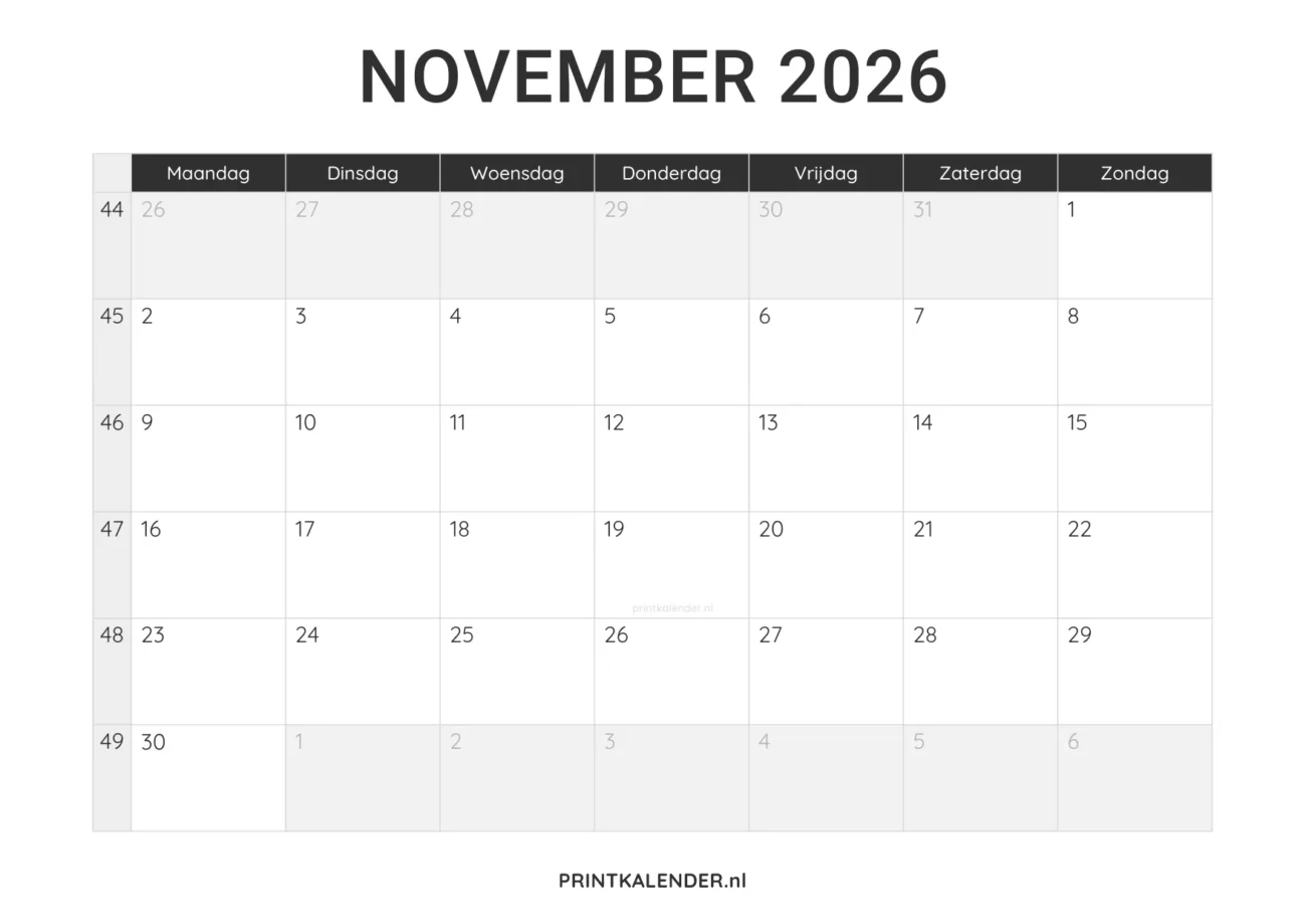 kalender november 2026 printen - minimalistisch design in zwart-wit