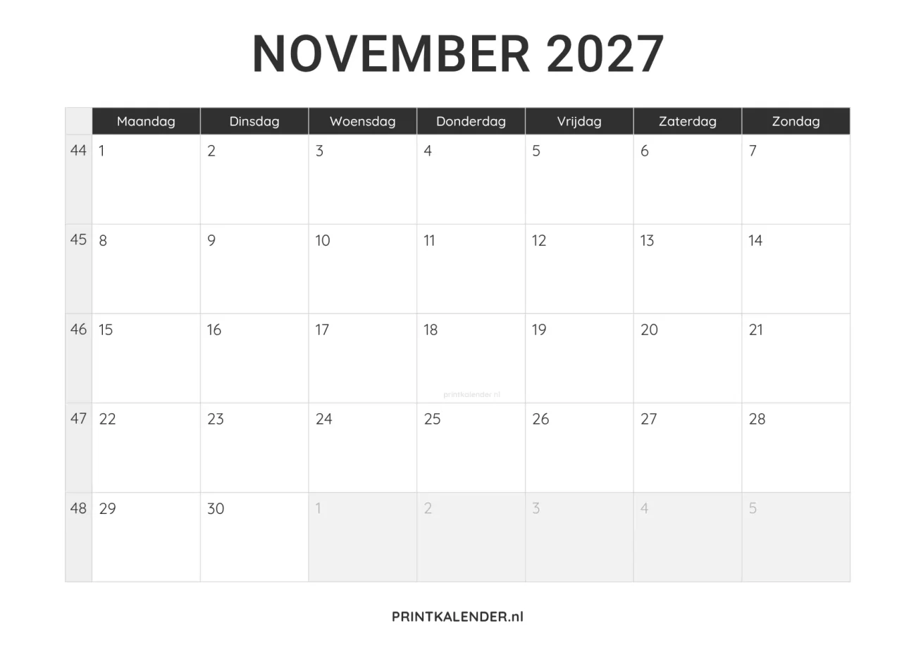 kalender november 2027 printen - minimalistisch design in zwart-wit