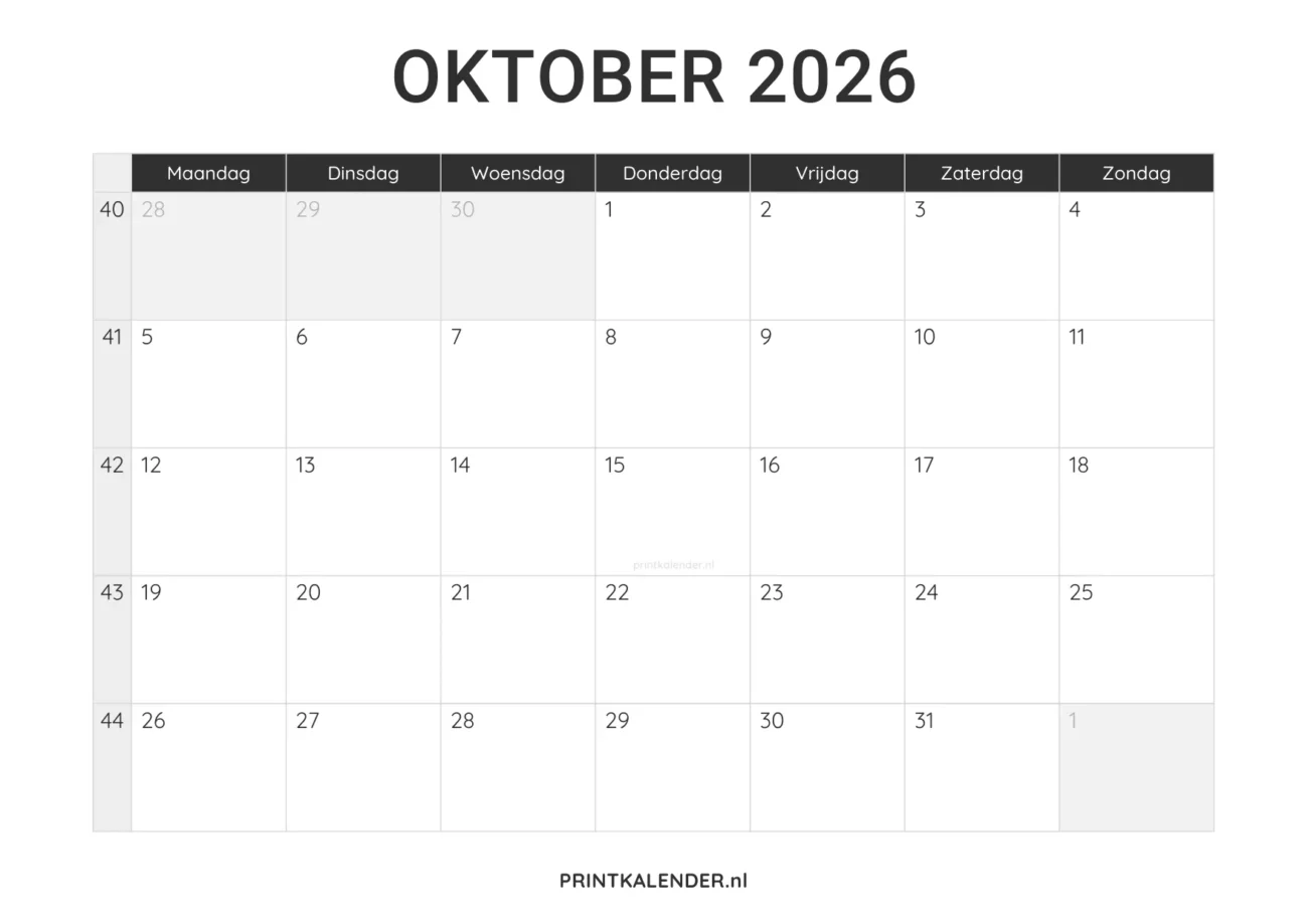 kalender oktober 2026 printen - minimalistisch design in zwart-wit