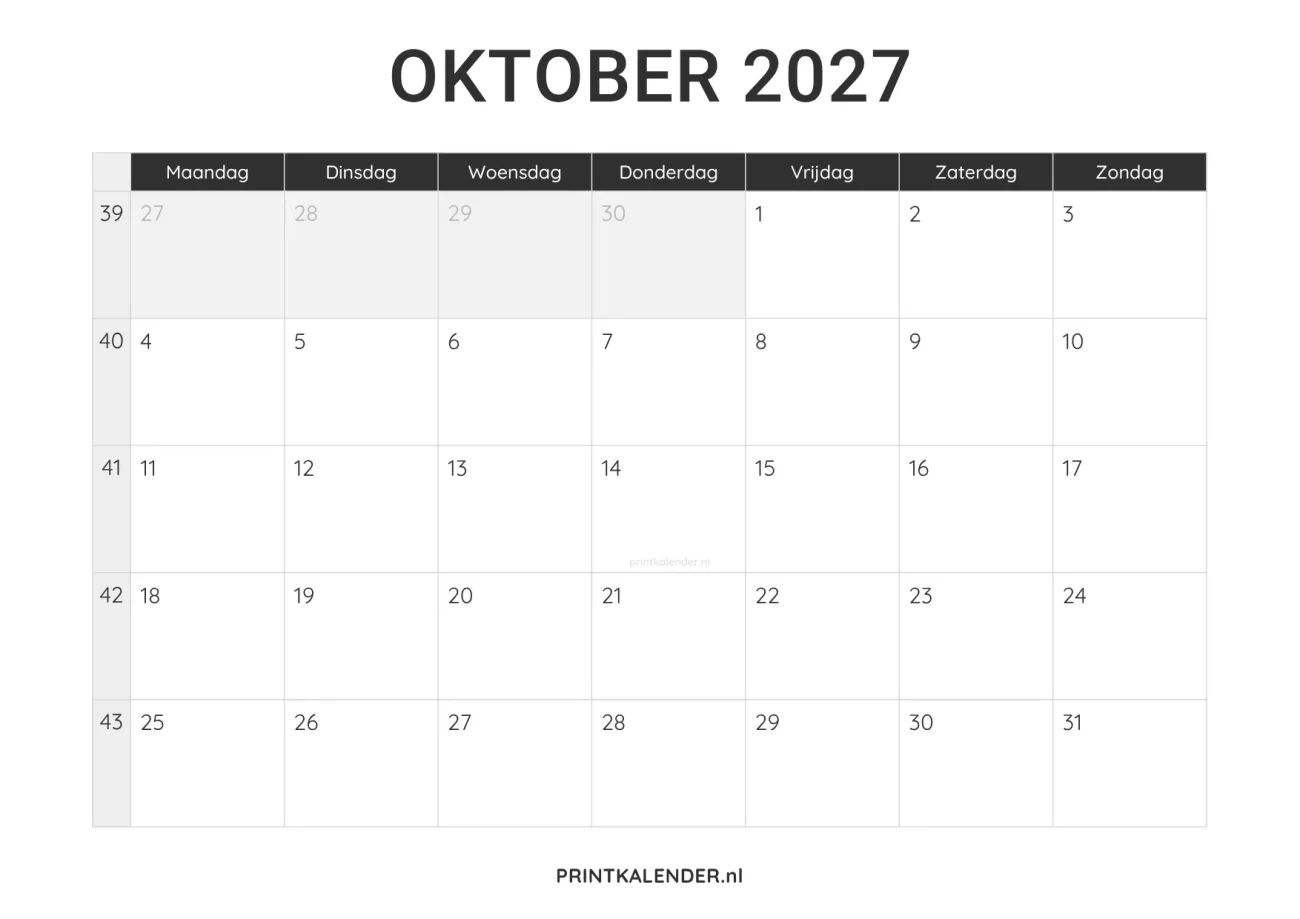 kalender oktober 2027 printen - minimalistisch design in zwart-wit