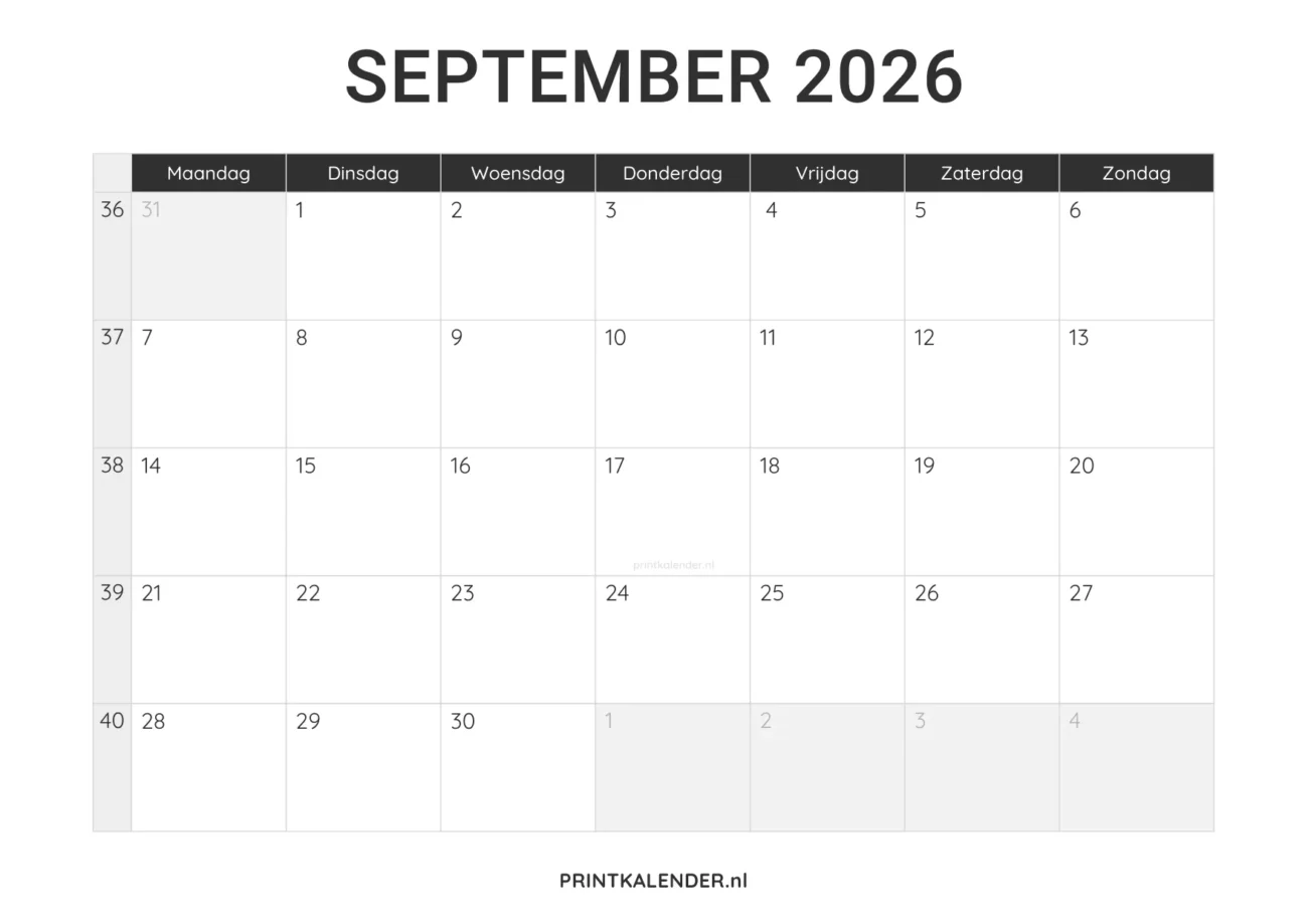 kalender september 2026 printen - minimalistisch design in zwart-wit