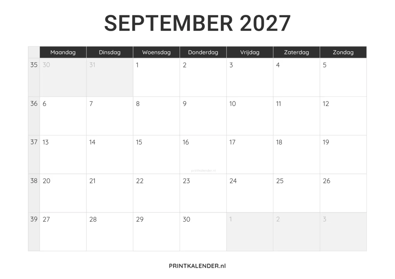 kalender september 2027 printen - minimalistisch design in zwart-wit