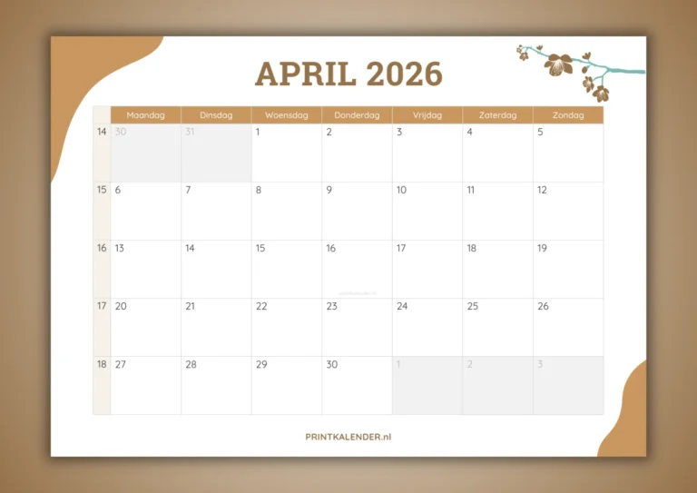 maandkalender april 2026 - gratis te printen