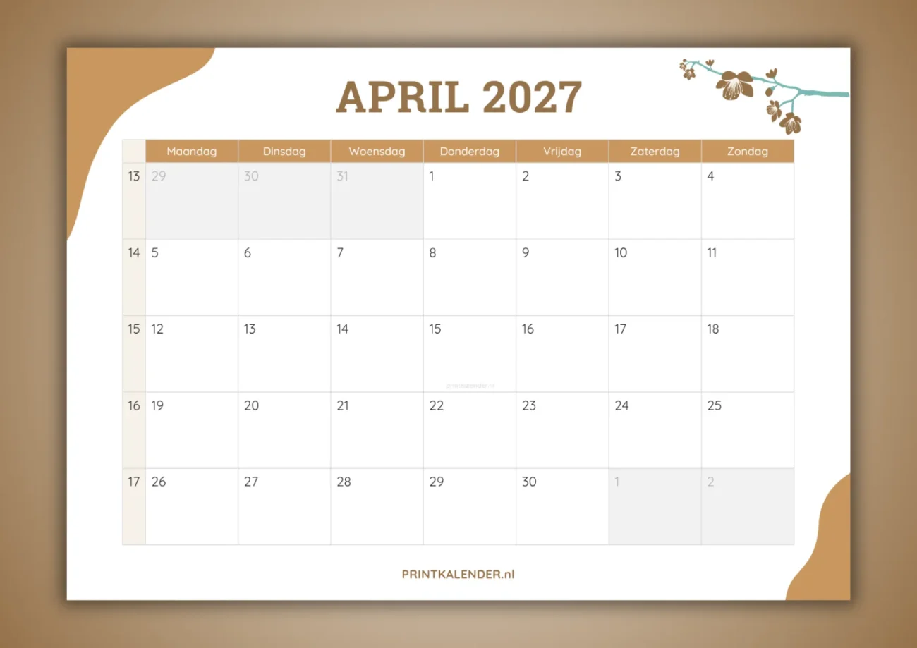 maandkalender april 2027 - gratis te printen