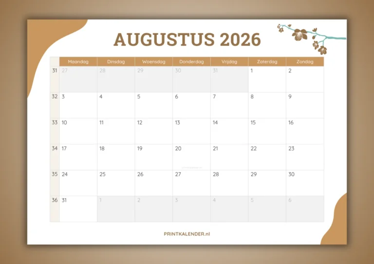 maandkalender augustus 2026 - gratis te printen