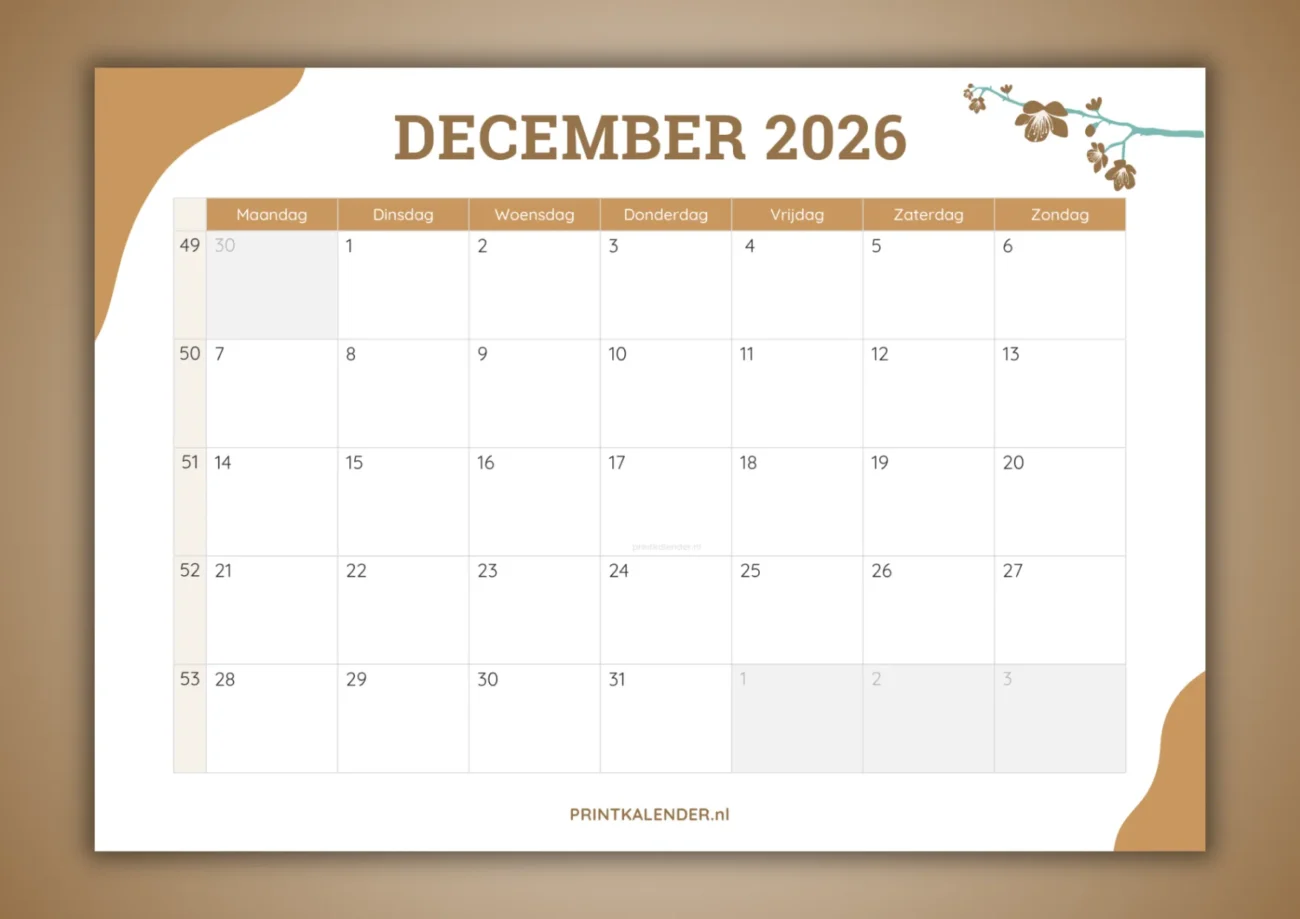 maandkalender december 2026 - gratis te printen