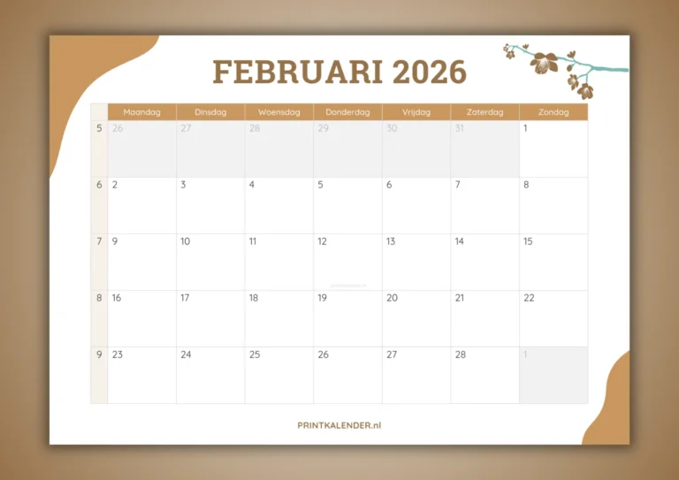 maandkalender februari 2026 - gratis te printen