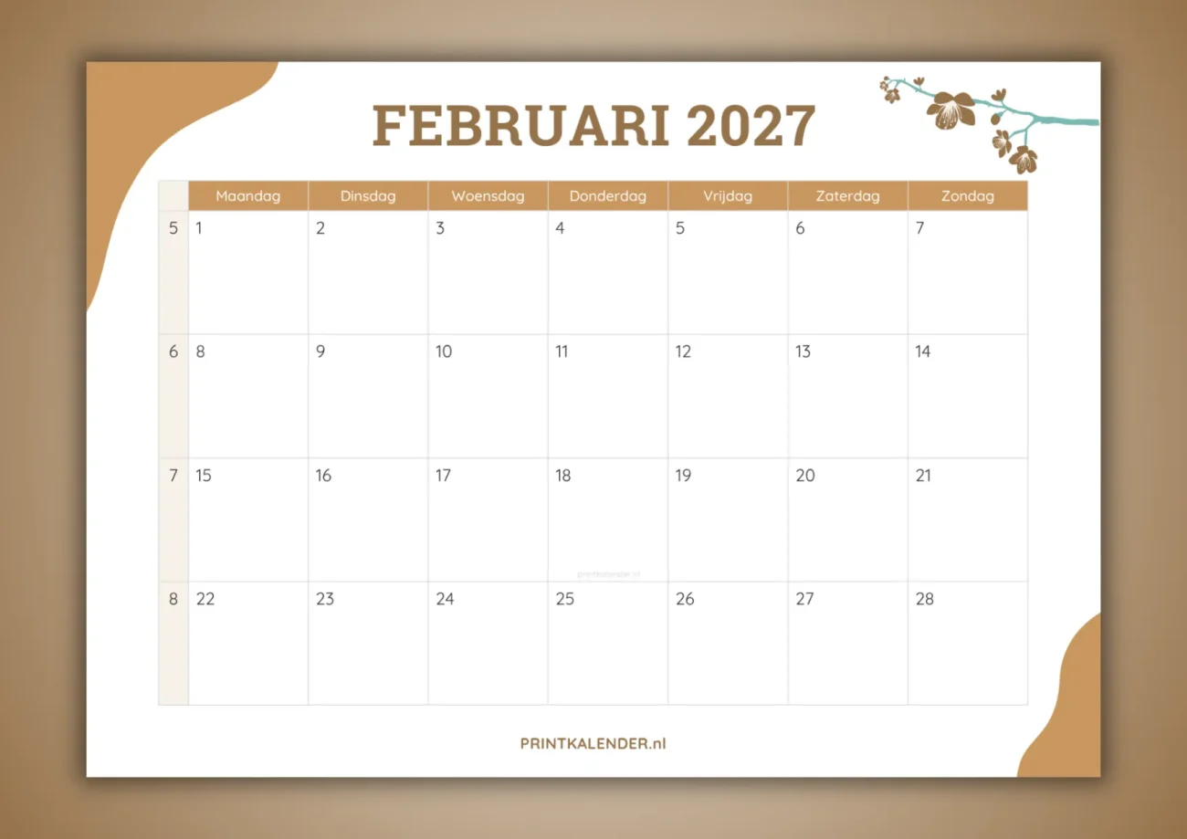 maandkalender februari 2027 - gratis te printen