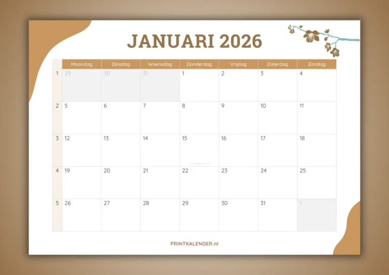 maandkalender januari 2026 - gratis te printen