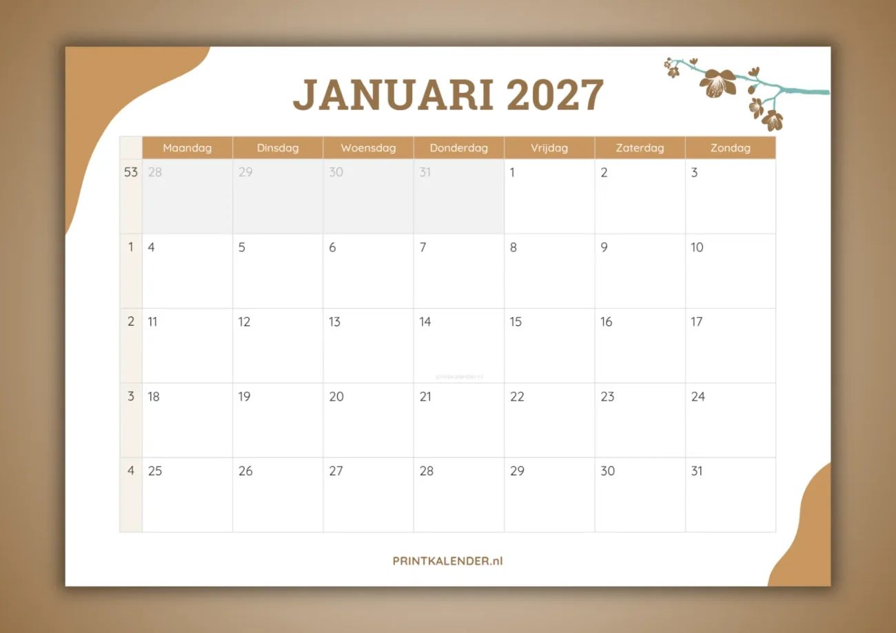 maandkalender januari 2027 - gratis te printen