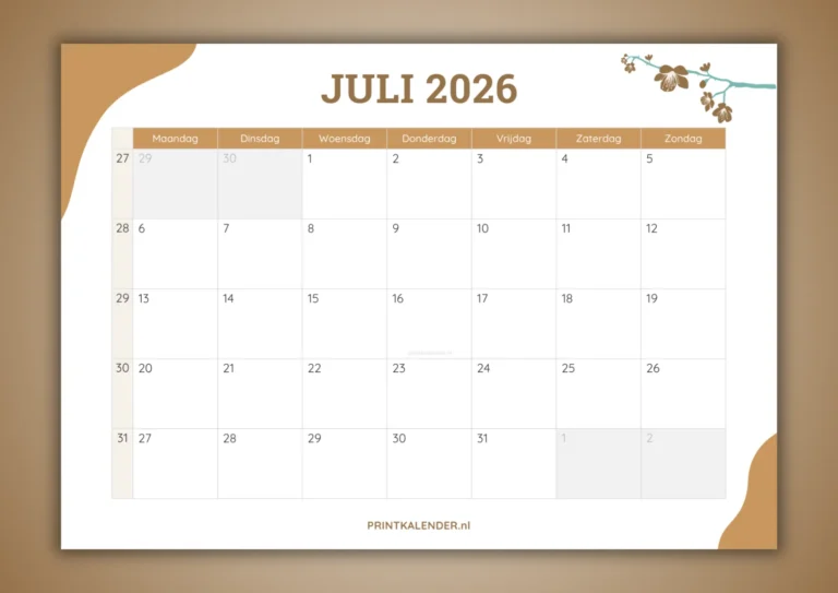 maandkalender juli 2026 - gratis te printen