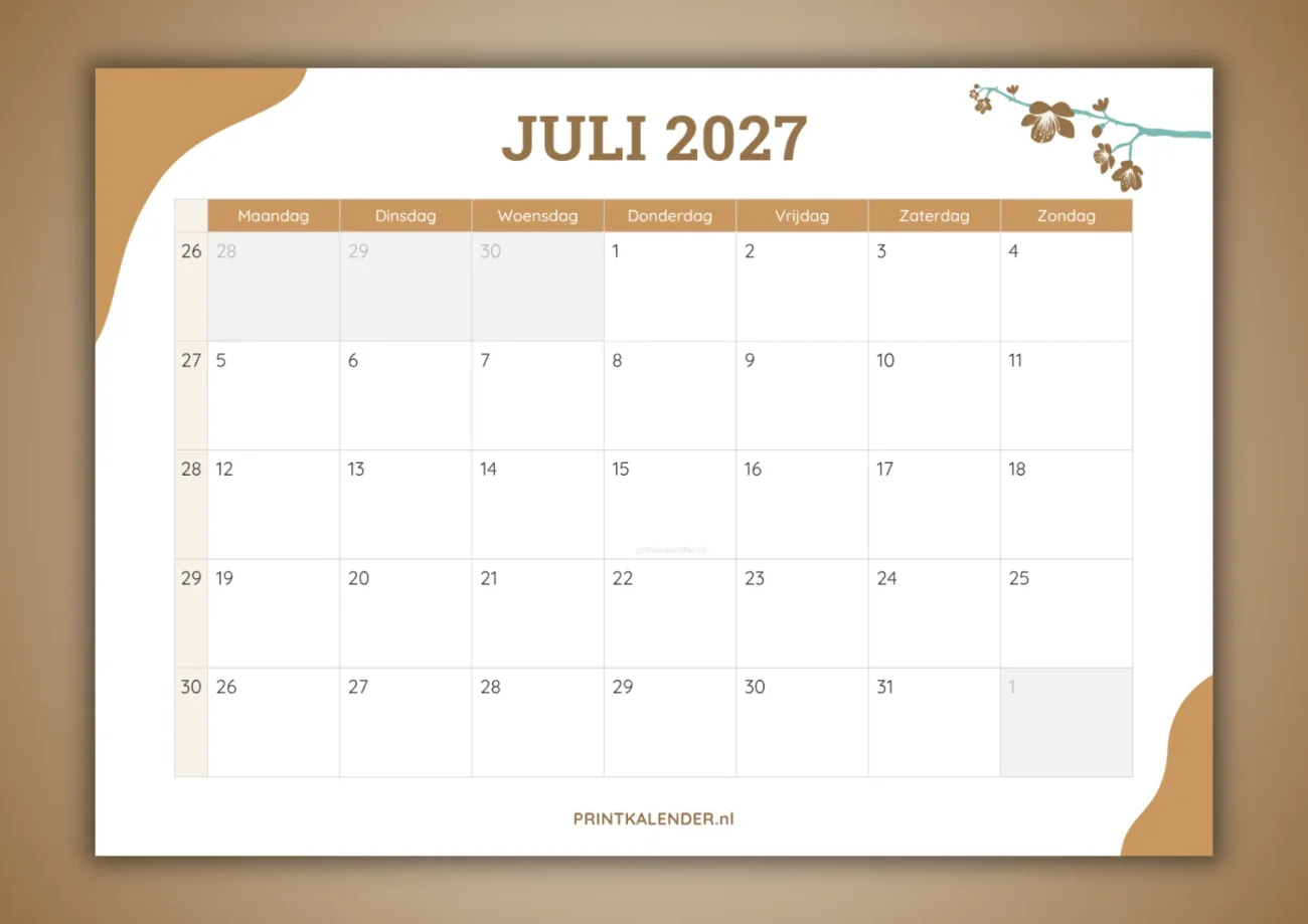 maandkalender juli 2027 - gratis te printen