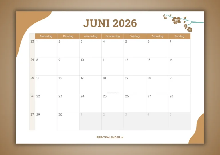 maandkalender juni 2026 - gratis te printen