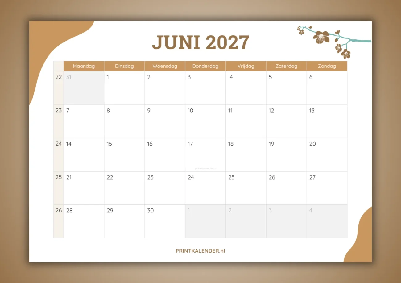maandkalender juni 2027 - gratis te printen