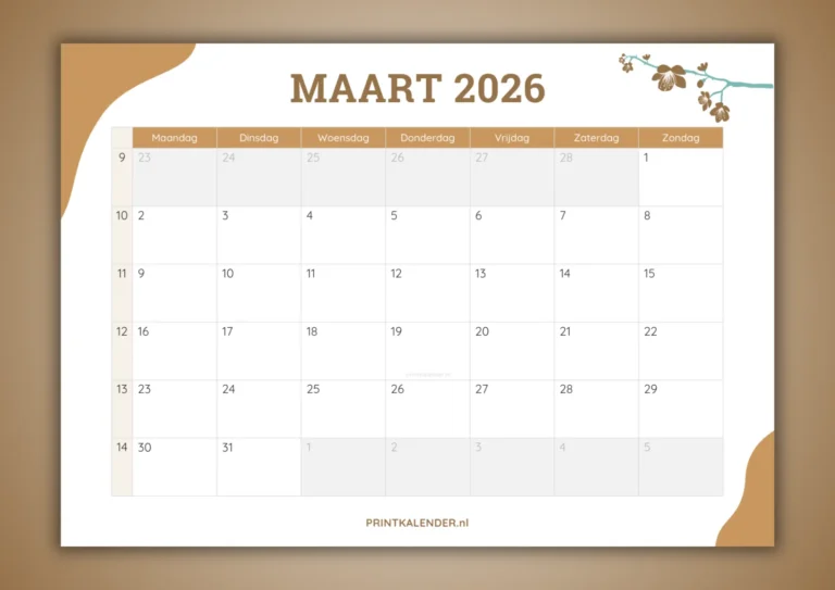 maandkalender maart 2026 - gratis te printen