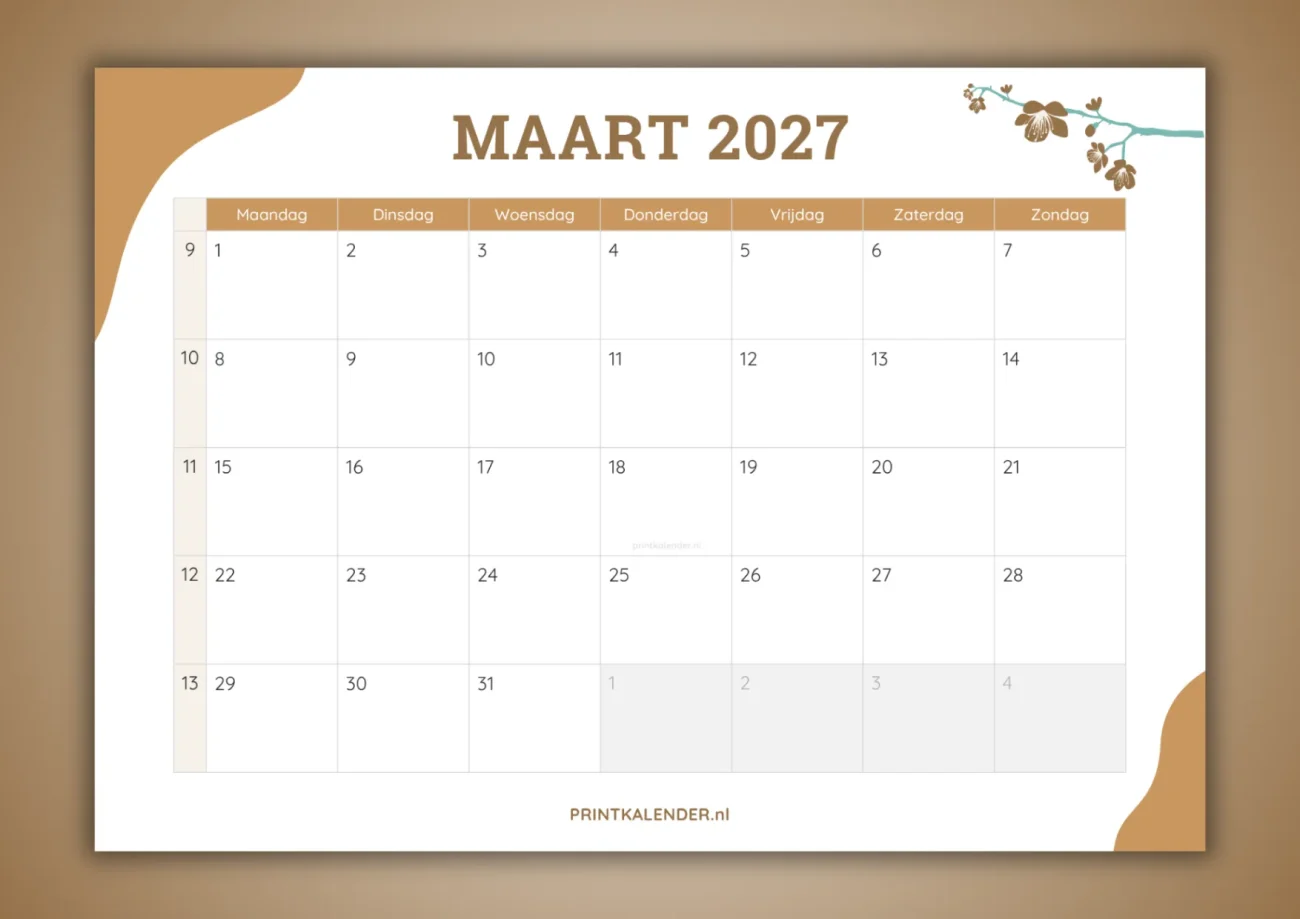 maandkalender maart 2027 - gratis te printen