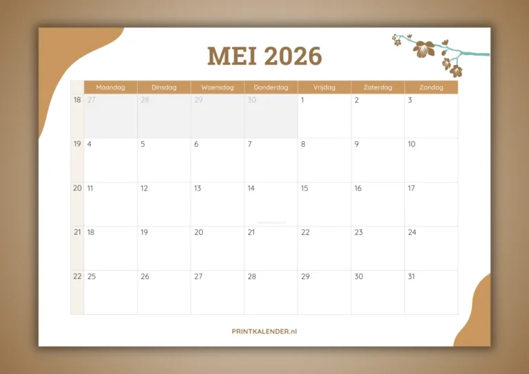 maandkalender mei 2026 - gratis te printen