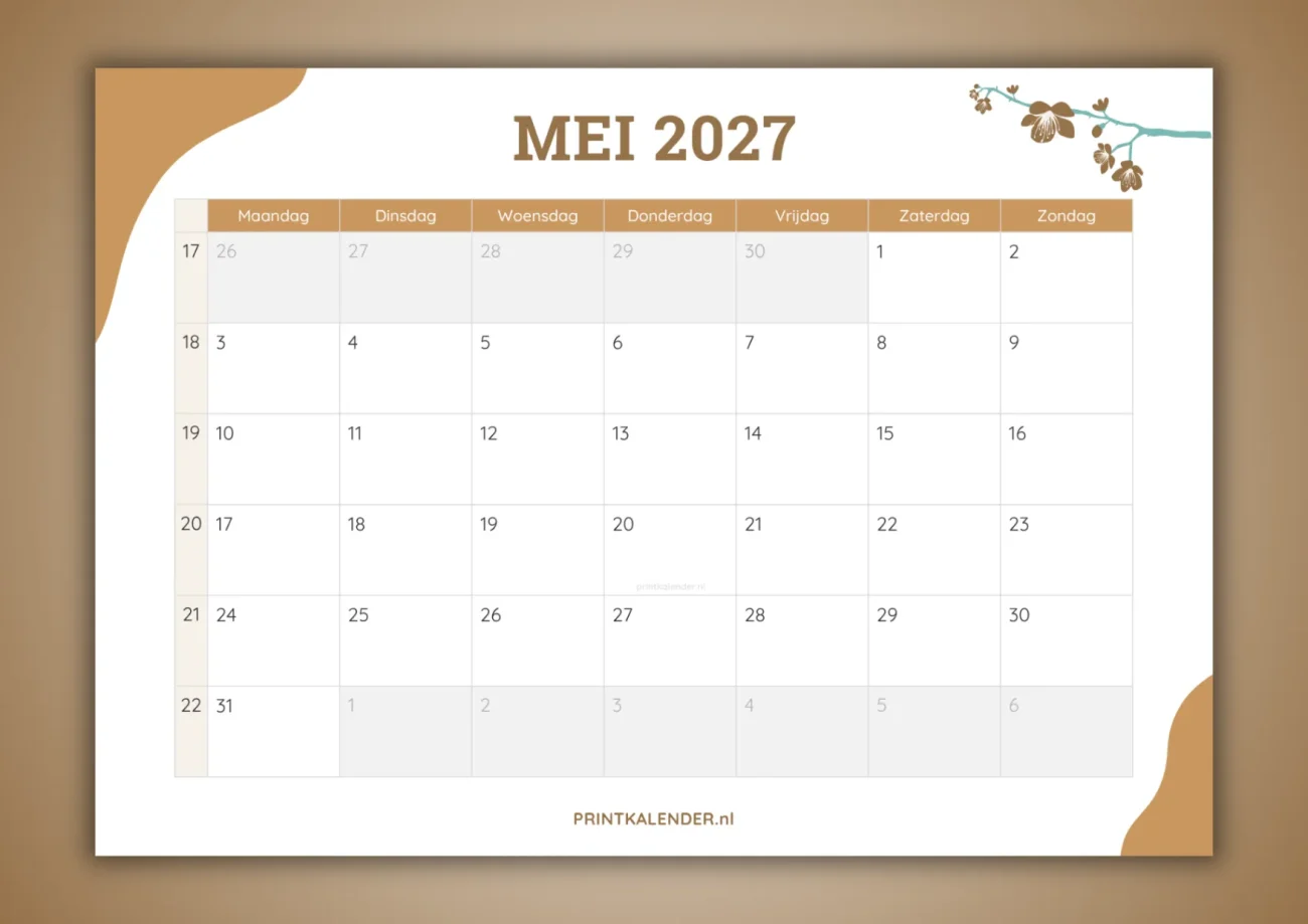 maandkalender mei 2027 - gratis te printen