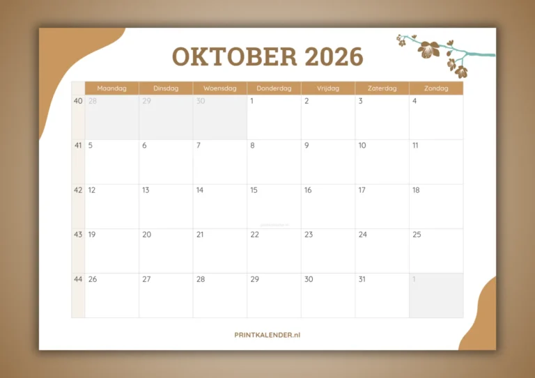 maandkalender oktober 2026 - gratis te printen