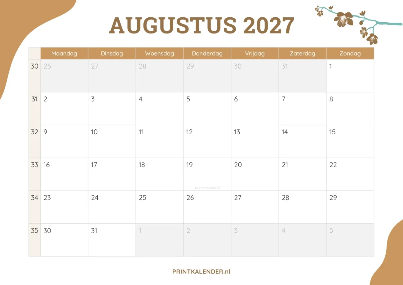printbare kalender augustus 2027 - elegant ontwerp met bloemmotief