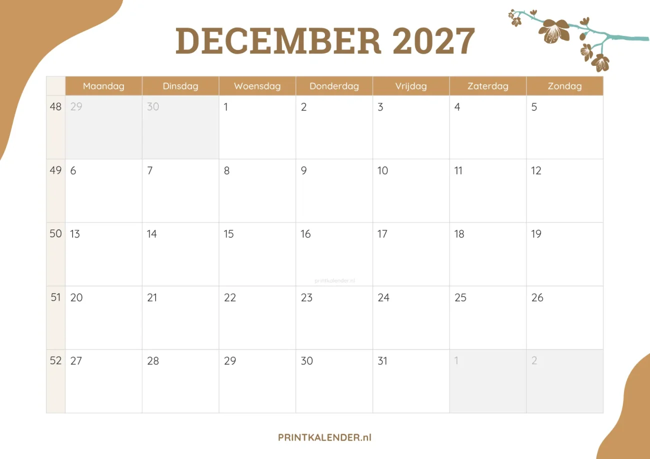 printbare kalender december 2027 - elegant ontwerp met bloemmotief