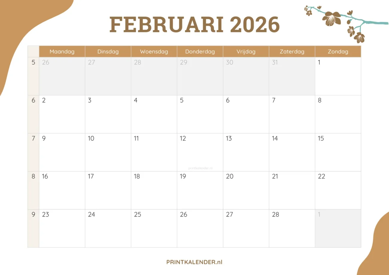 printbare kalender februari 2026 - elegant ontwerp met bloemmotief
