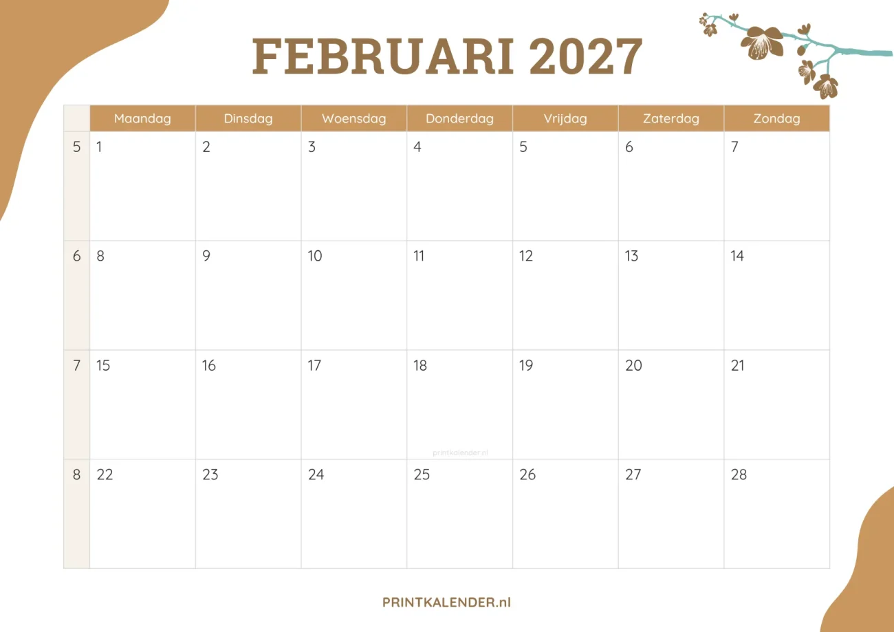 printbare kalender februari 2027 - elegant ontwerp met bloemmotief
