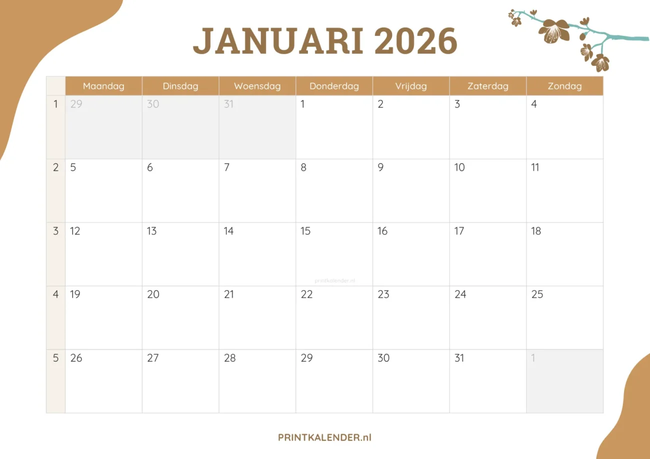 printbare kalender januari 2026 - elegant ontwerp met bloemmotief