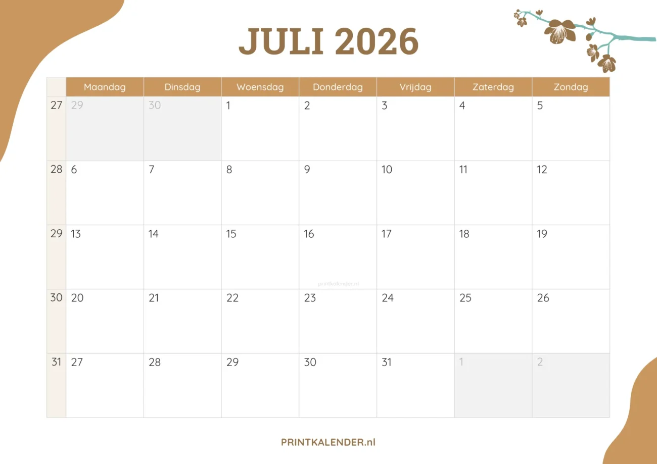 printbare kalender juli 2026 - elegant ontwerp met bloemmotief